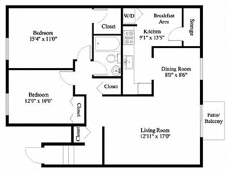 Floor plan for 2 beds, 1 bath, 1020 sqft